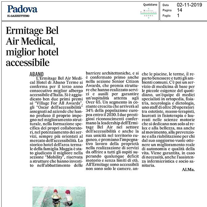 Oscar dell’accessibilità all’Ermitage Bel Air Medical Hotel di Abano Terme