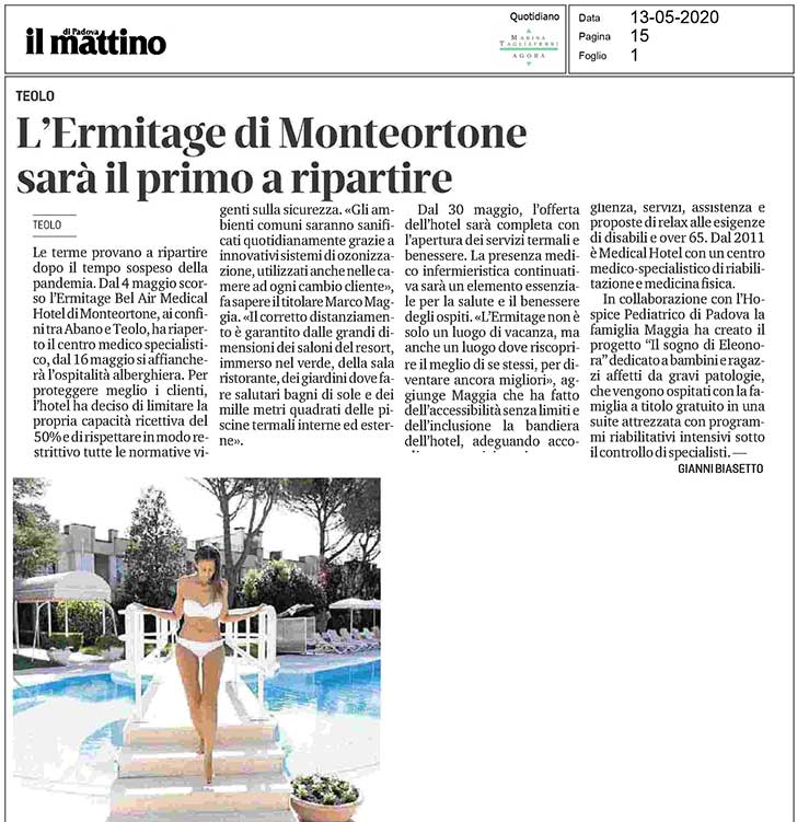 L'Ermitage di Monteortone sarà il primo a ripartire