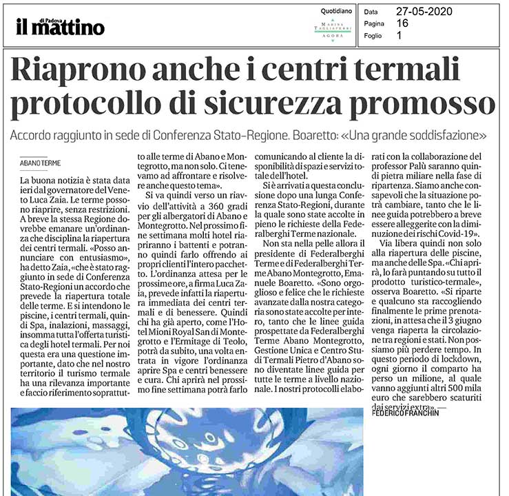 Riaprono anche i centri termali protocollo di sicurezza promosso