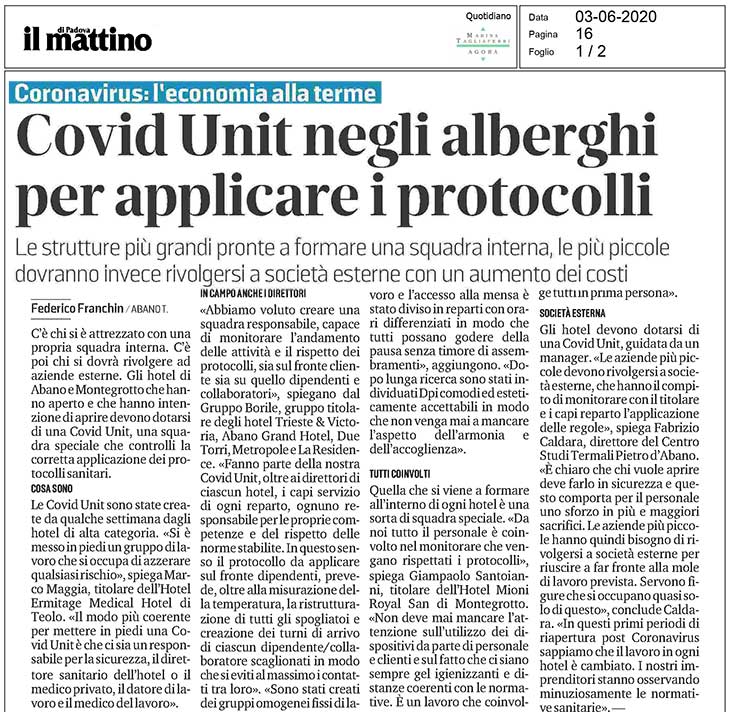 Covid Unit negli alberghi per applicare i protocolli