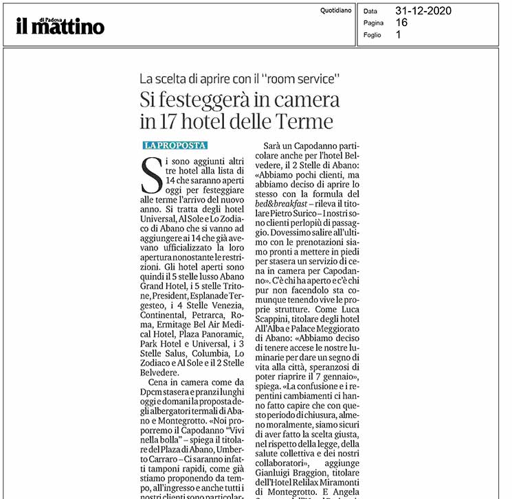 Si festeggerà in camera in 17 hotel delle Terme
