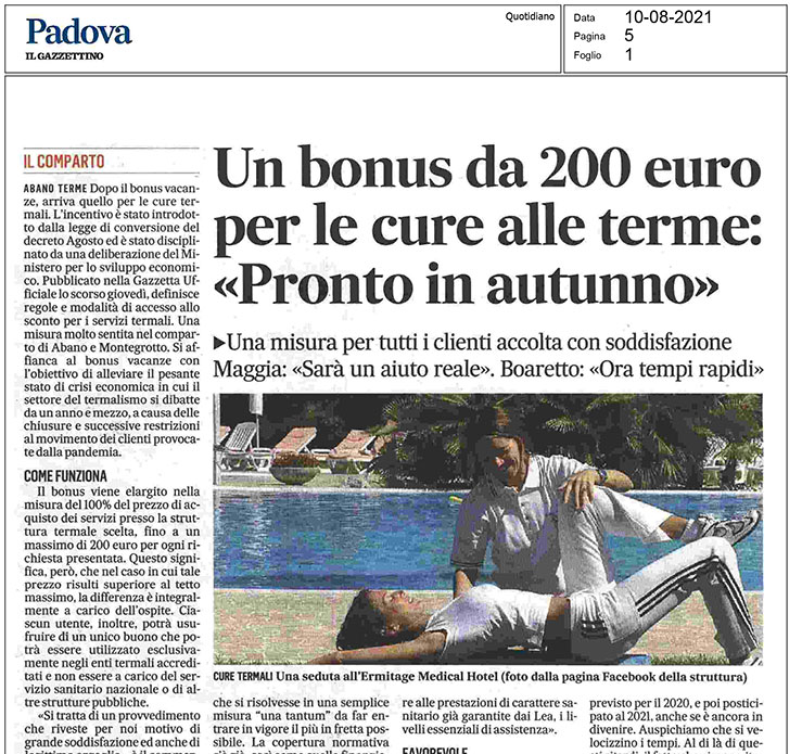 Un bonus da 200 euro per le cure alle terme: «Pronto in autunno»