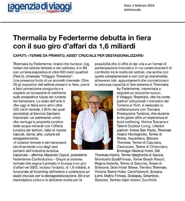 Thermalia by Federterme debutta in fiera con il suo giro d'affari da 1,6 miliardi